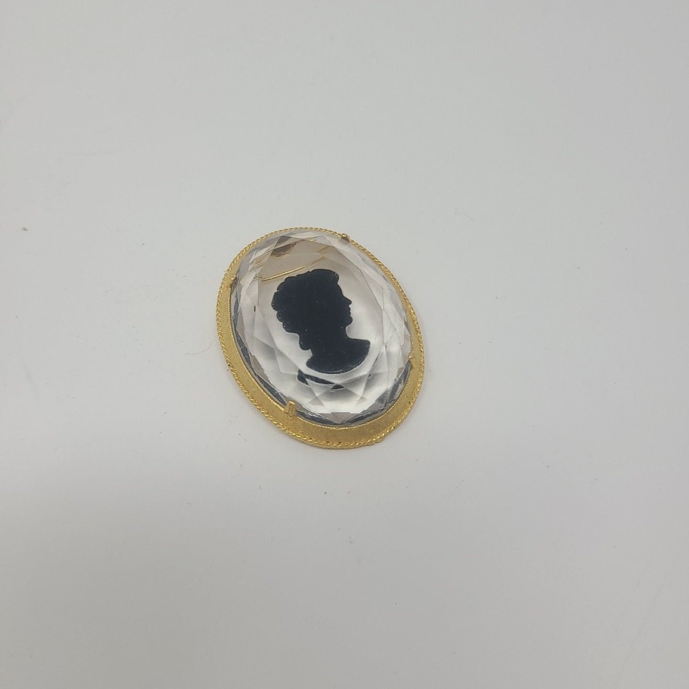Vtg reverse Intaglio faceted clear etched glass cameo brooch Florentine‎